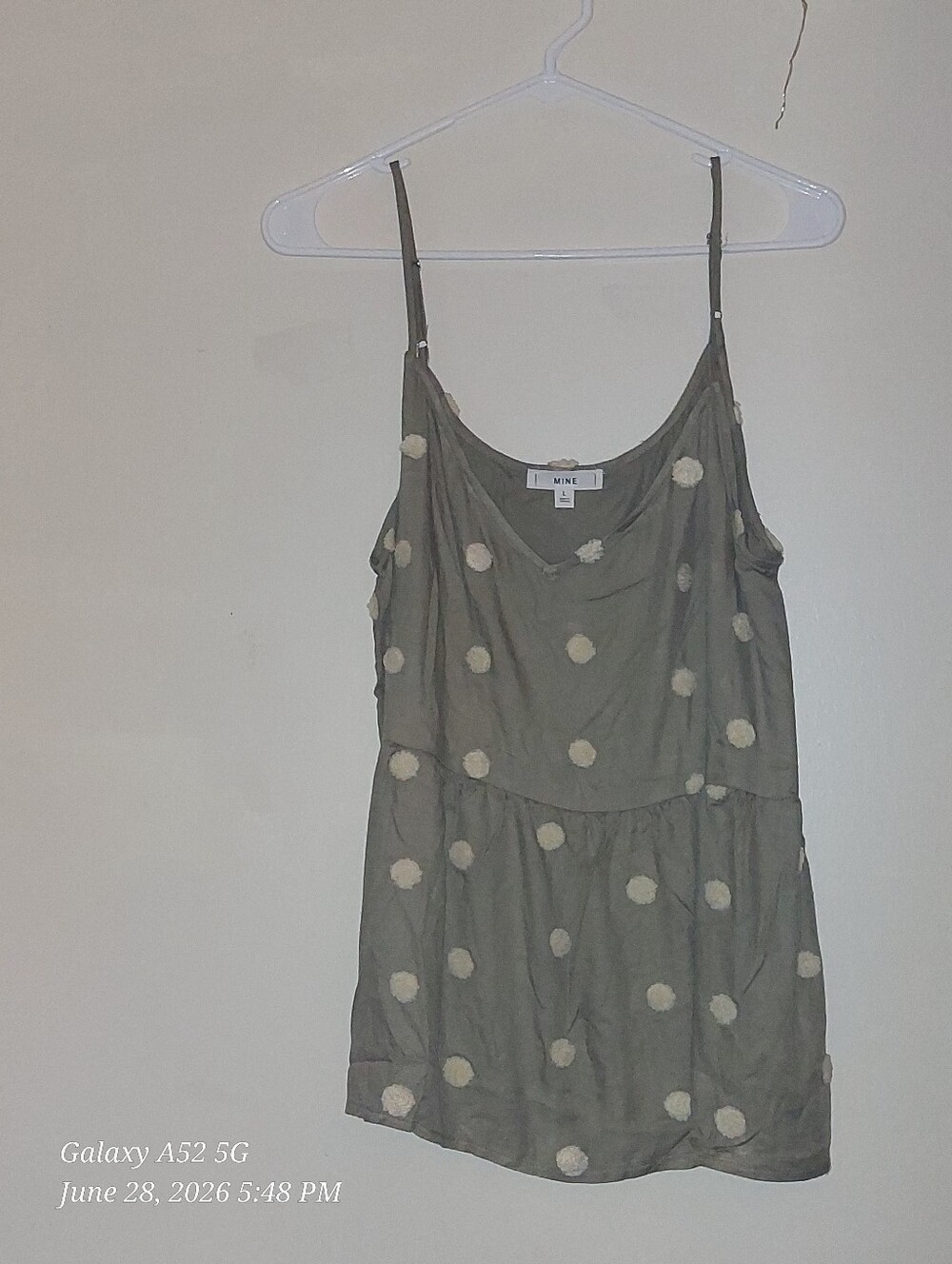 MINE Olive Green Polka Dot Spaghetti Strap Tank In Size L